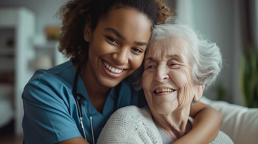 Caregiver helping an older resident walk safely through an assisted living hallway.